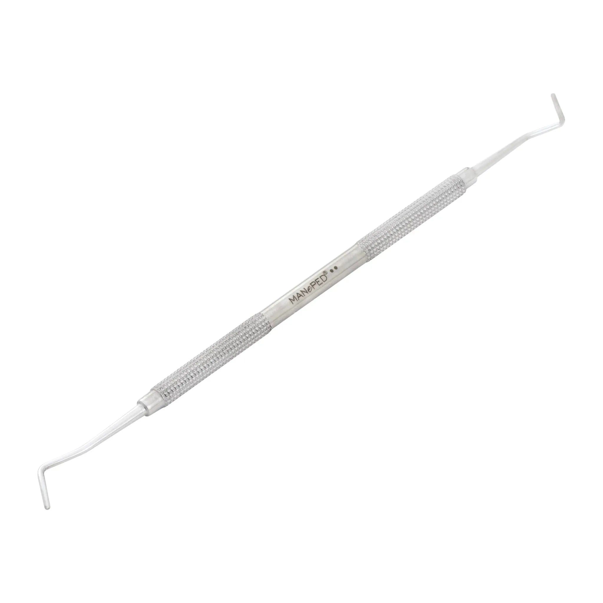 MANePED-Werkzeug aus Edelstahl. Beidseitig gebogen, geriffelter Griff.