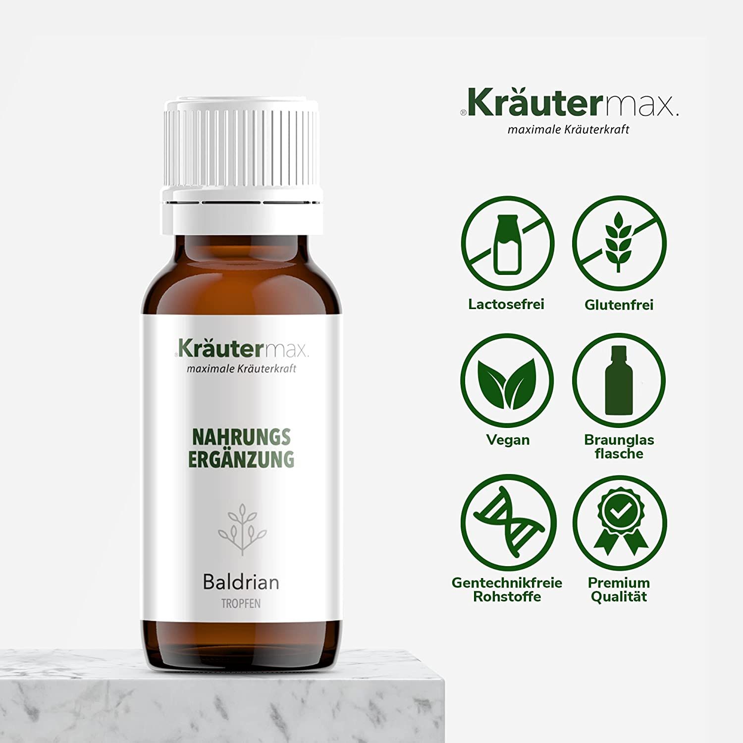 Braunglasflasche mit weißem Verschluss und Etikett. Aufschrift: Kräutermax, Nahrungsergänzung, Baldrian Tropfen. Symbole: laktosefrei, glutenfrei, vegan, Braunglasflasche, gentechnikfrei, Premium Qualität.