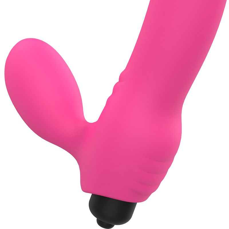 Pinkfarbener Doppelstimulations-Vibrator. Der Vibrator hat eine geschwungene Form mit einem länglichen Teil und einem kleineren, abgerundeten Teil.