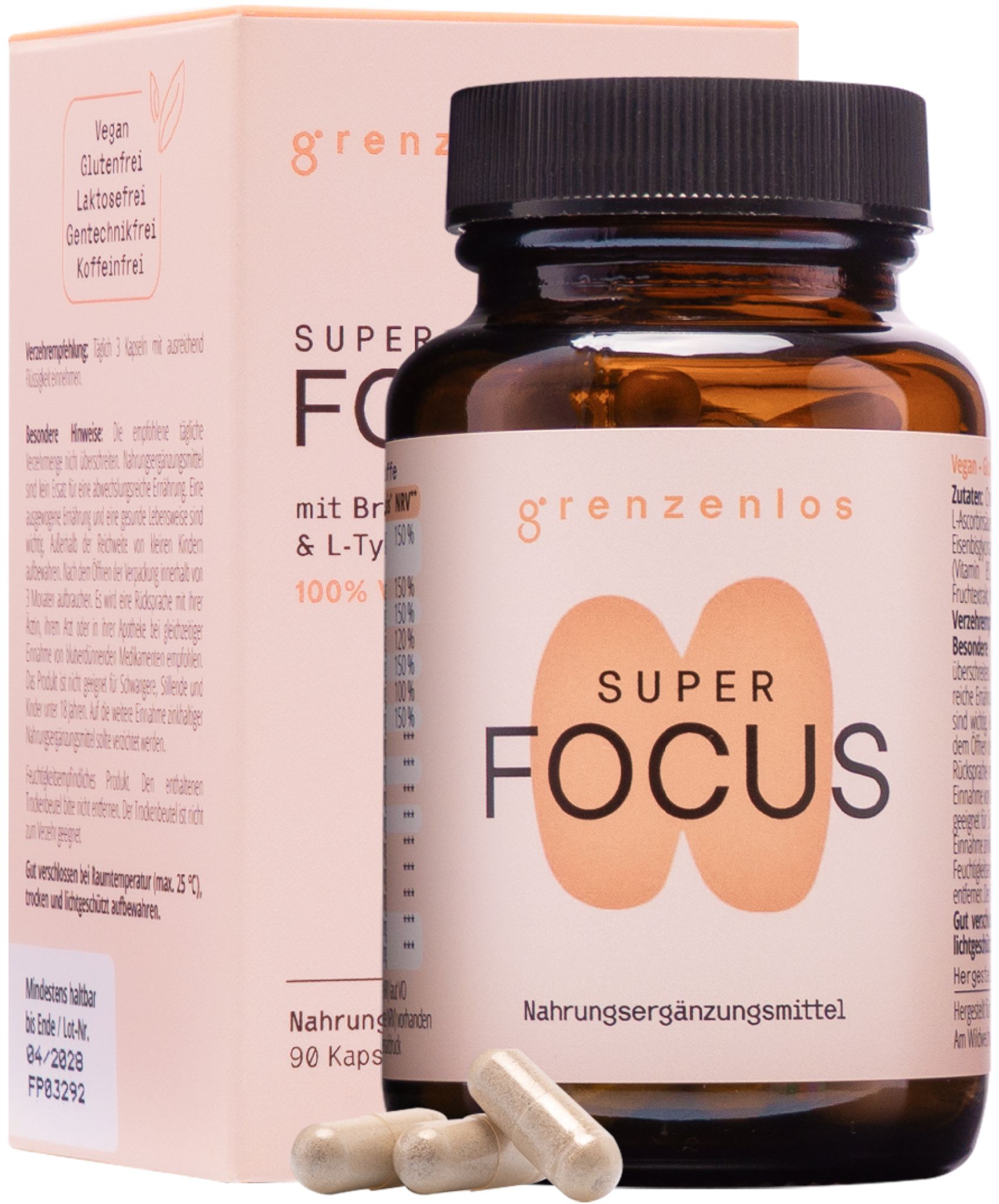 Flasche und Karton von 'grenzenlos SUPER FOCUS' mit drei Kapseln.