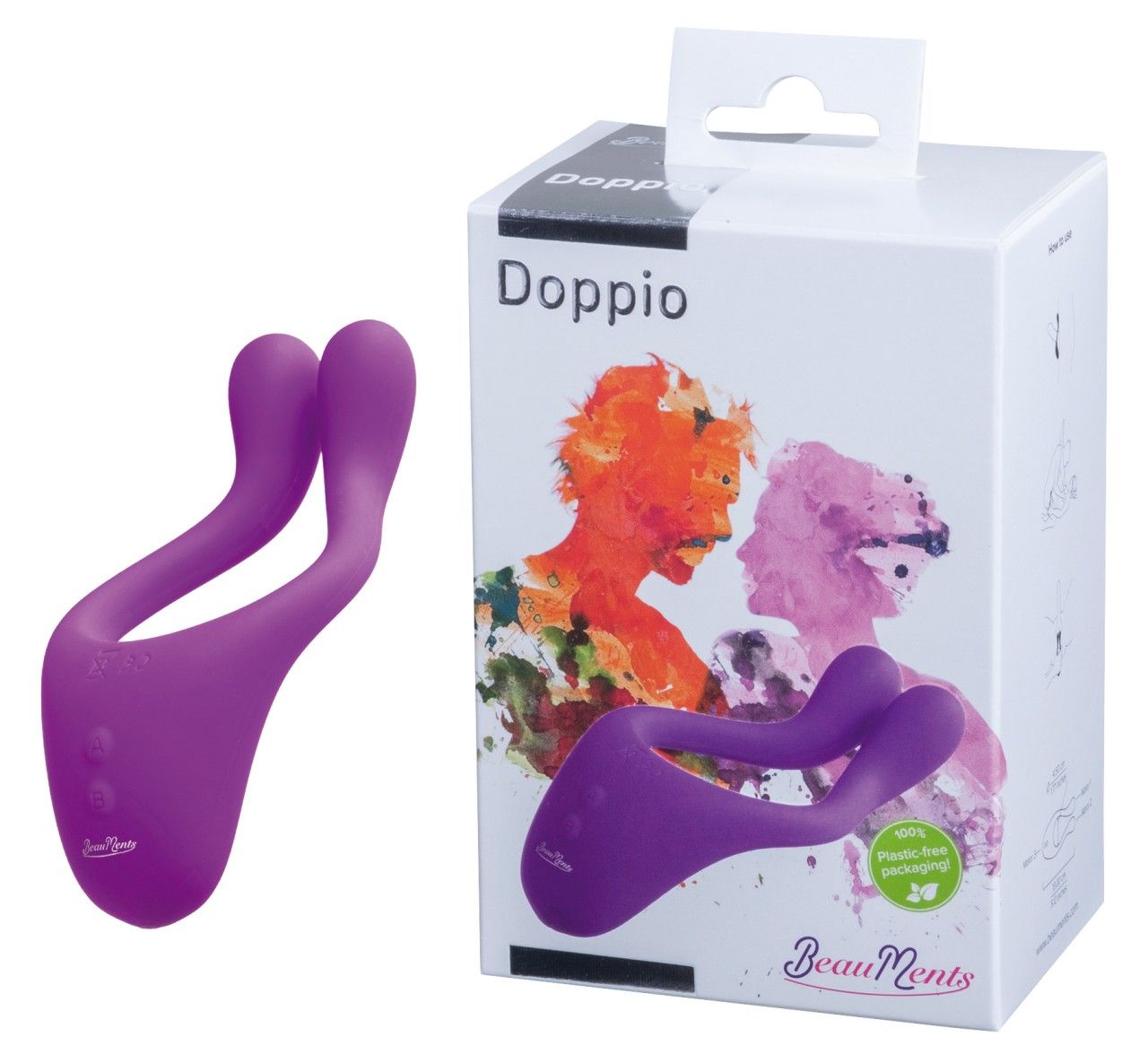 Lila Vibrator neben Verpackung. Verpackung mit Aufdruck Doppio, BeauMents. Abbildung von zwei Personen.