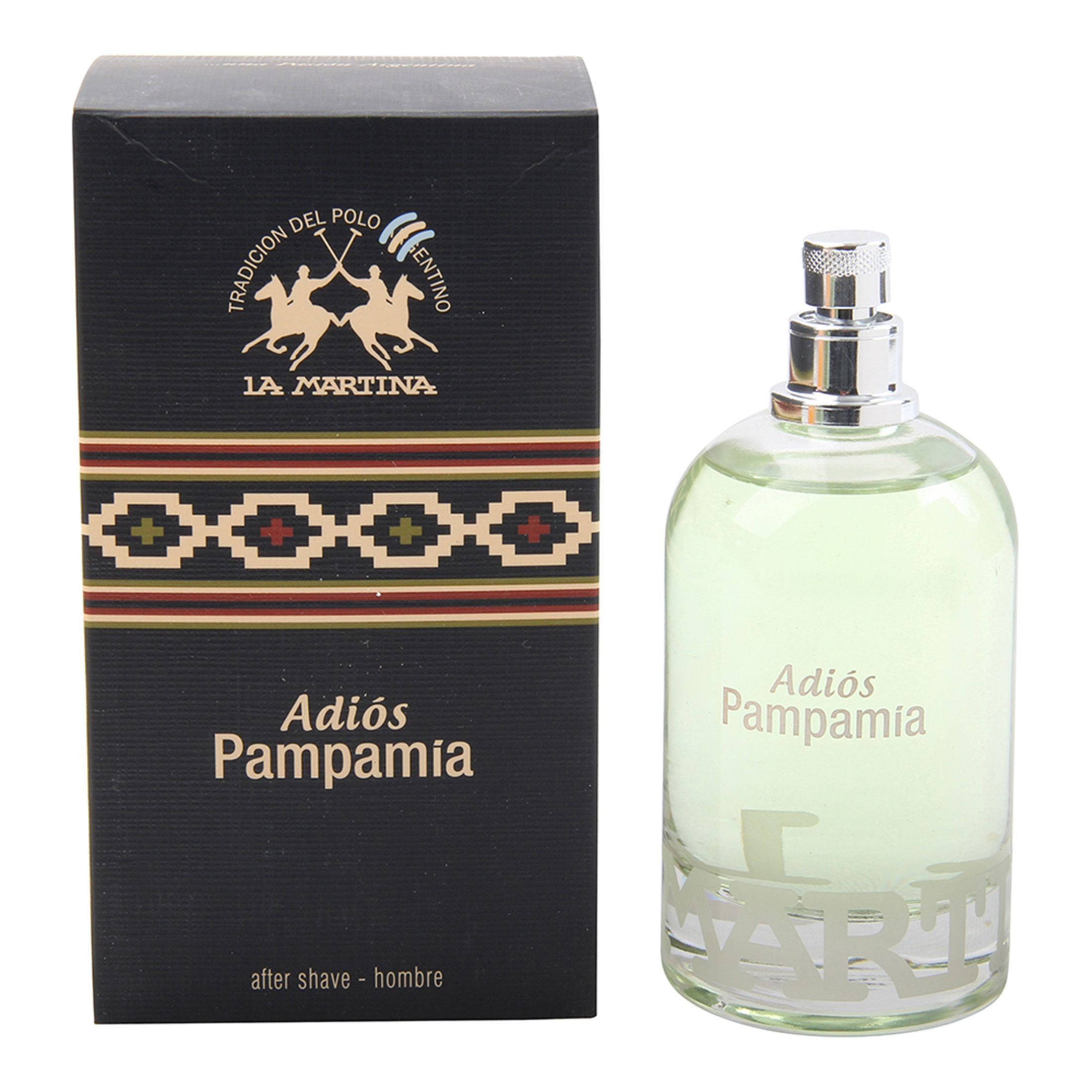 Eine Flasche und eine Schachtel. Auf der Flasche steht "Adiós Pampamia". Auf der Schachtel steht "La Martina" und "Adiós Pampamia".