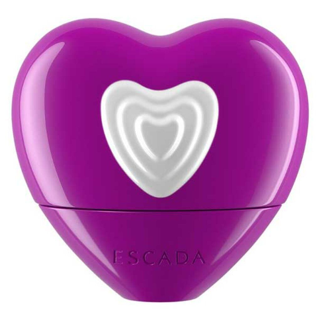 Lila herzförmiger Flakon mit weißem Herz. ESCADA-Logo unten. 