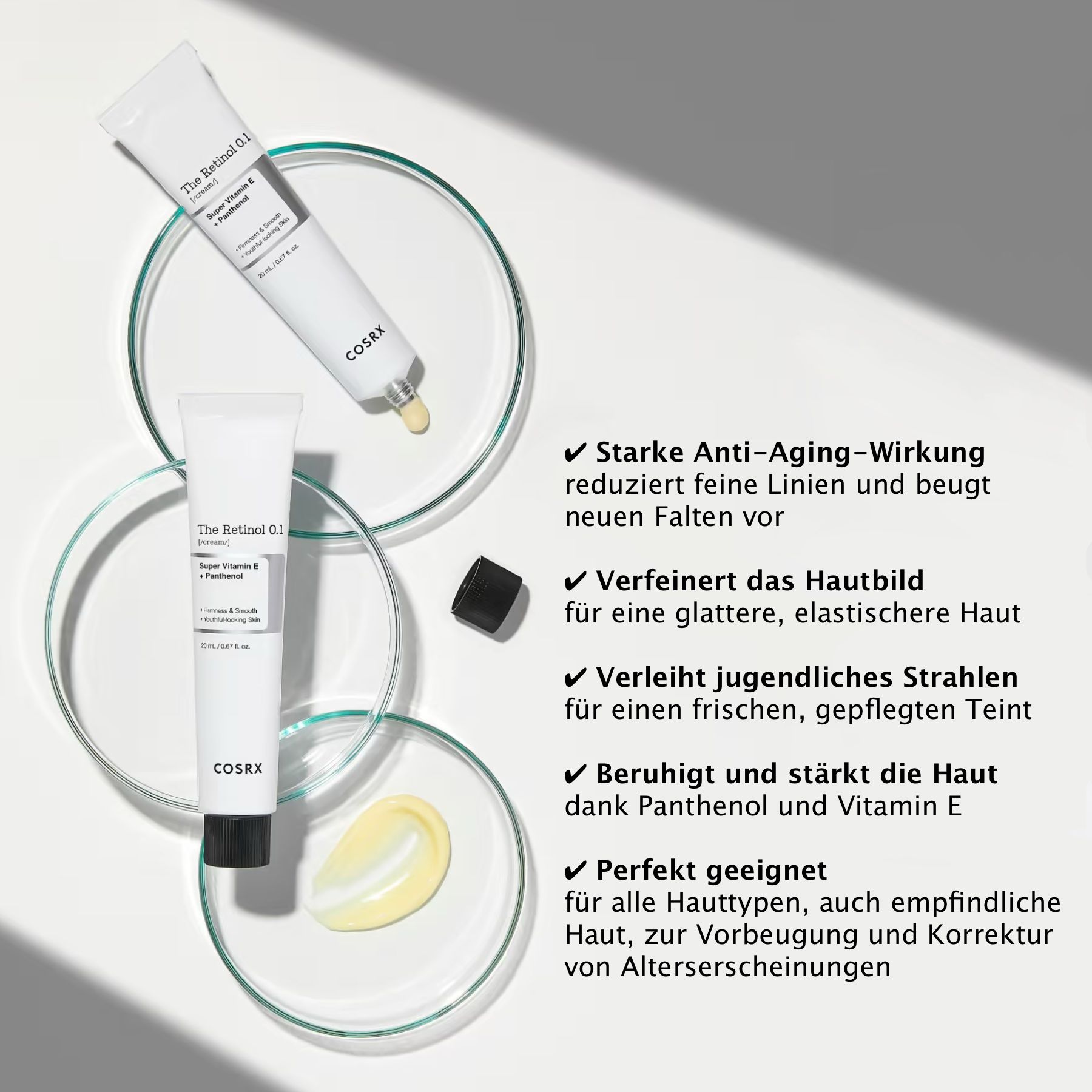 Produktabbildung mit Tube, Creme und Text. Text: Starke Anti-Aging-Wirkung, verfeinert das Hautbild, etc.