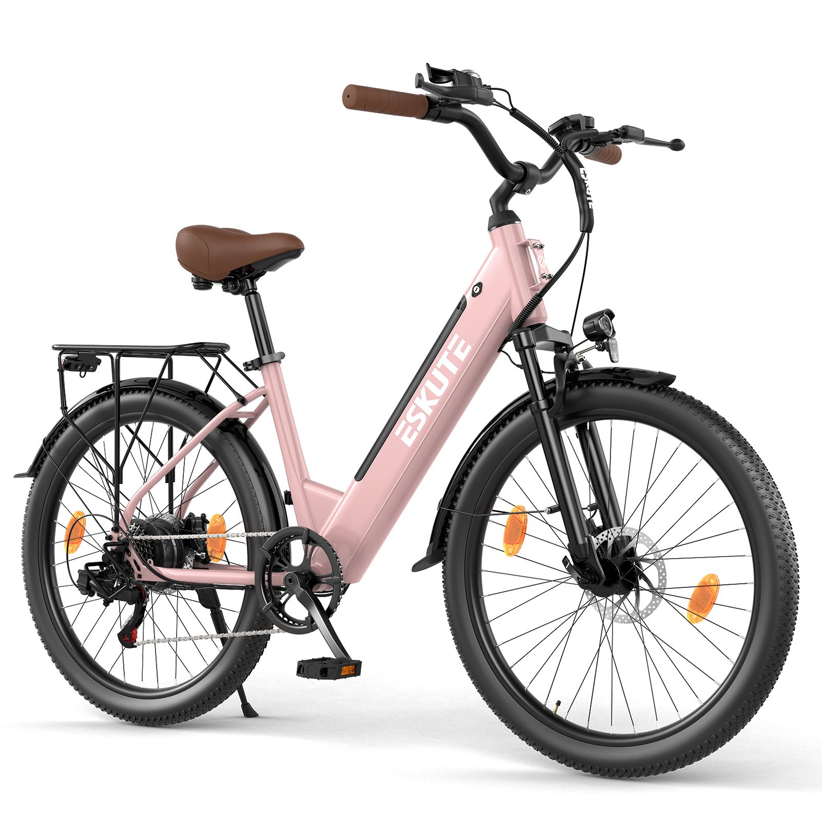 Rosa Elektro-Citybike mit schwarzem Rahmen. Gepäckträger, brauner Sattel und Lenker. Marke ESKUTE.