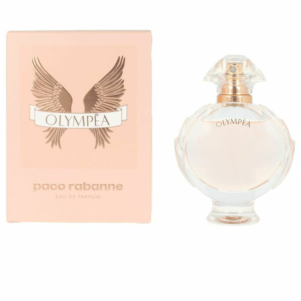 Olympéa-Flakon und Verpackung. Flakon rund, transparent. Verpackung rosa mit Flügel-Design. Aufschrift: Olympéa.