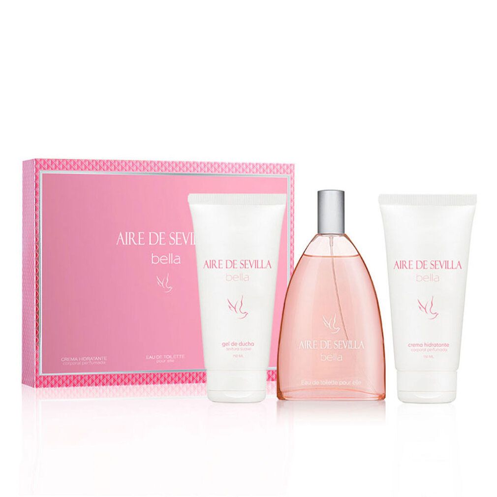 Geschenkset mit Eau de Toilette, Duschgel und Body Milk. Rosa Verpackung mit Produktnamen. Flakon und Tuben sichtbar.