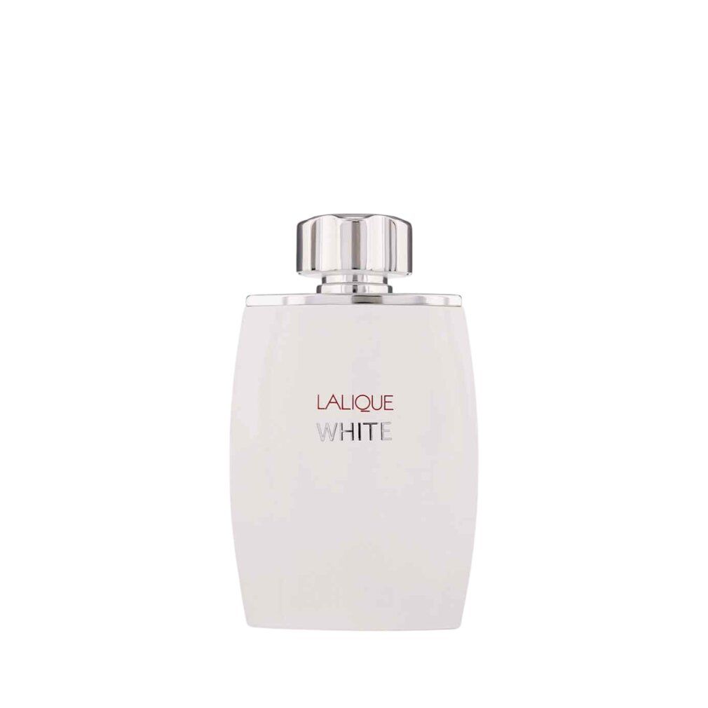 Weiße Flasche. Aufschrift: Lalique White. Flasche mit silbernem Verschluss.