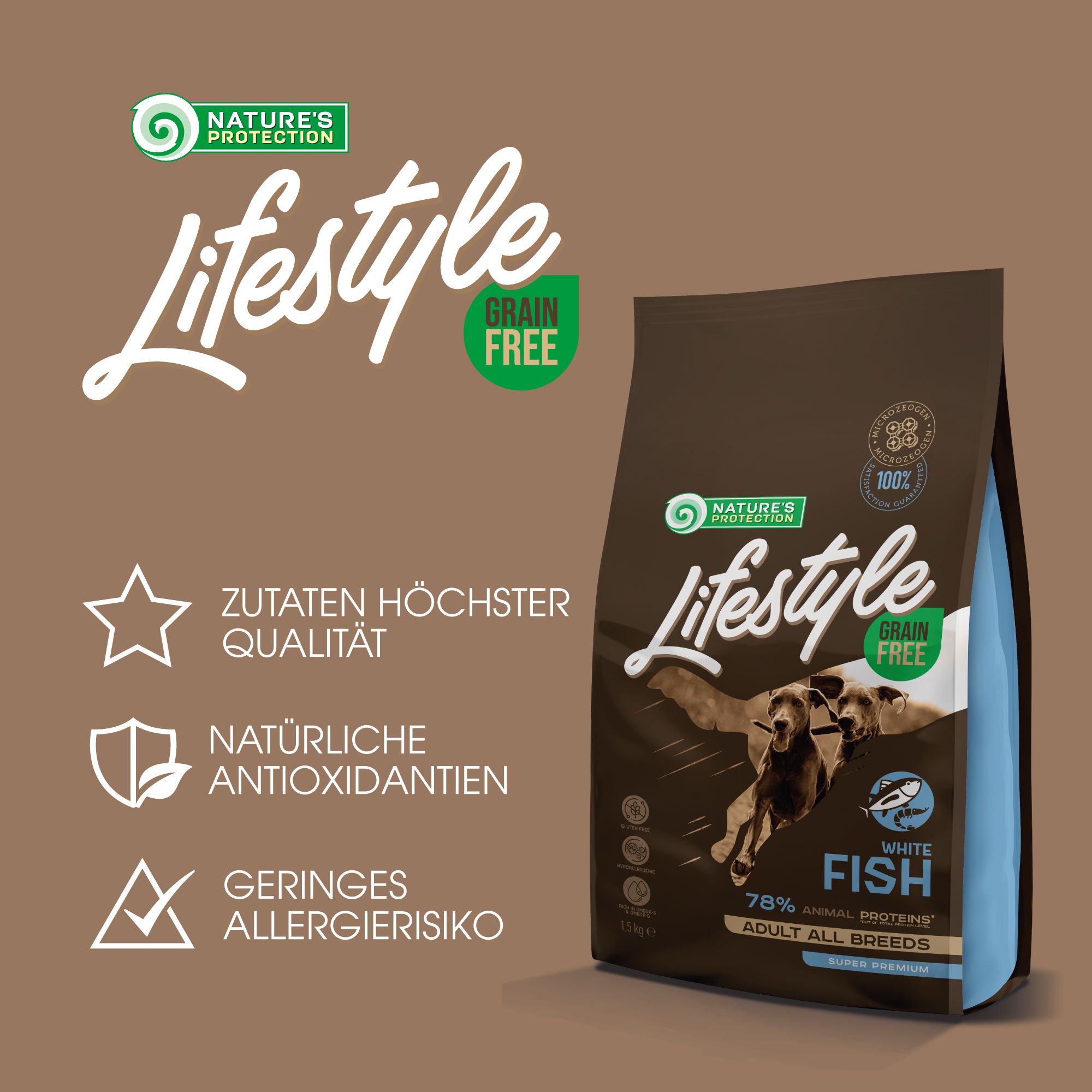 Braune Verpackung mit Hundefutter. Text: Lifestyle, Grain Free. Symbole: Zutaten höchster Qualität, natürliche Antioxidantien, geringes Allergierisiko.