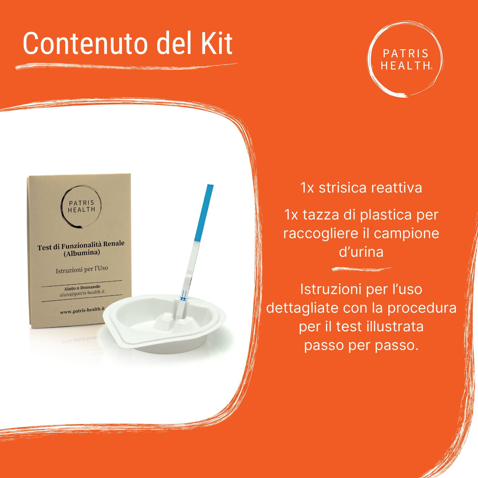 Inhalt des Patris Health® Nierenfunktions-Selbsttest-Kits: Teststreifen, Becher, Gebrauchsanweisung.