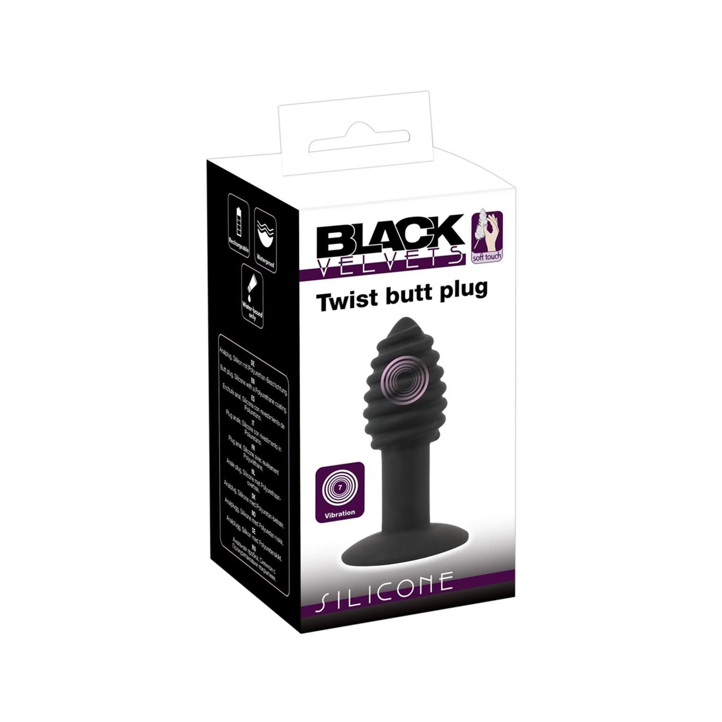 Verpackung von Black Velvets Twist Analplug. Produktabbildung, Produktname, Logo und Informationen auf der Verpackung.