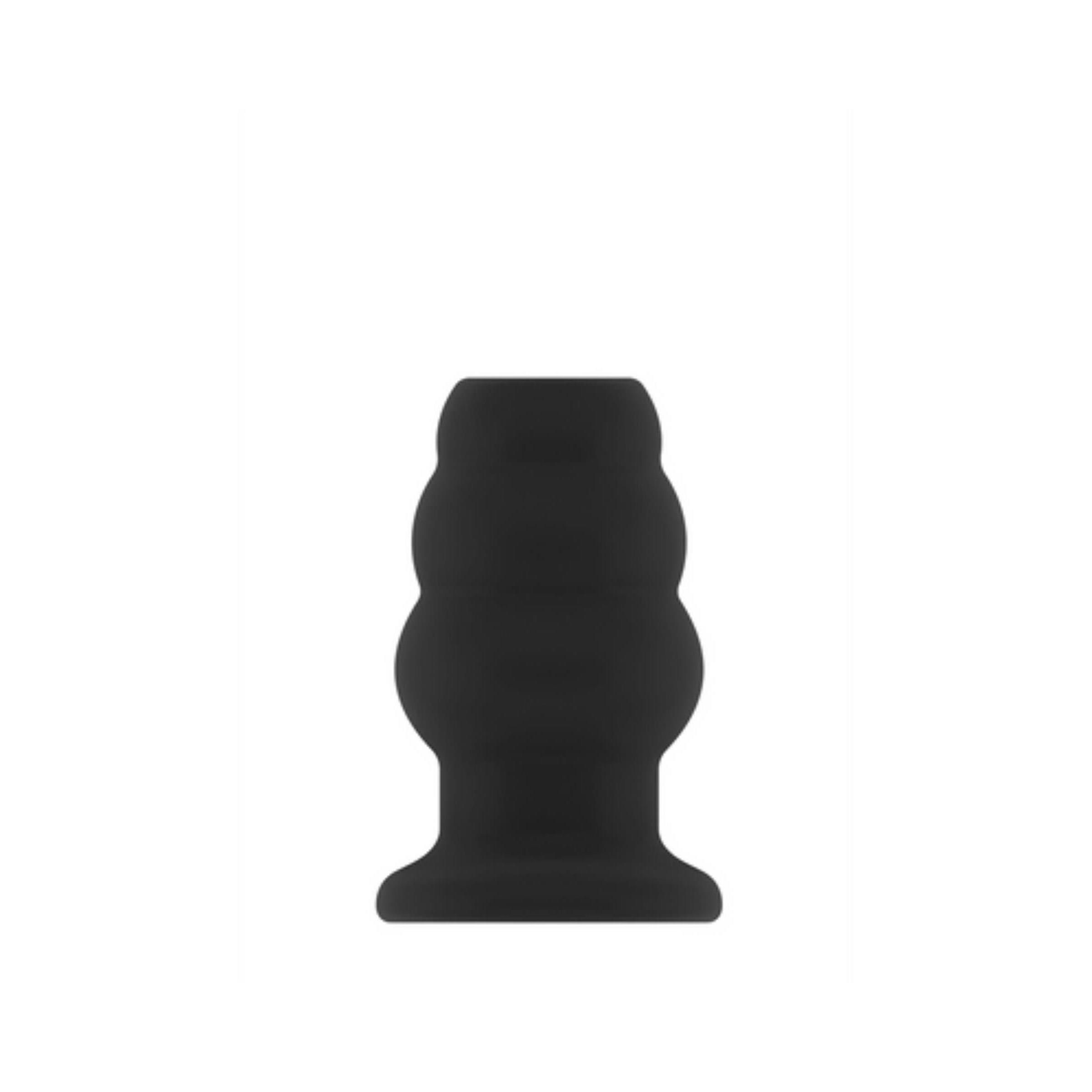 Schwarzer Butt Plug mit geriffelter Form und breitem Sockel. Das Produkt hat eine glatte Oberfläche.