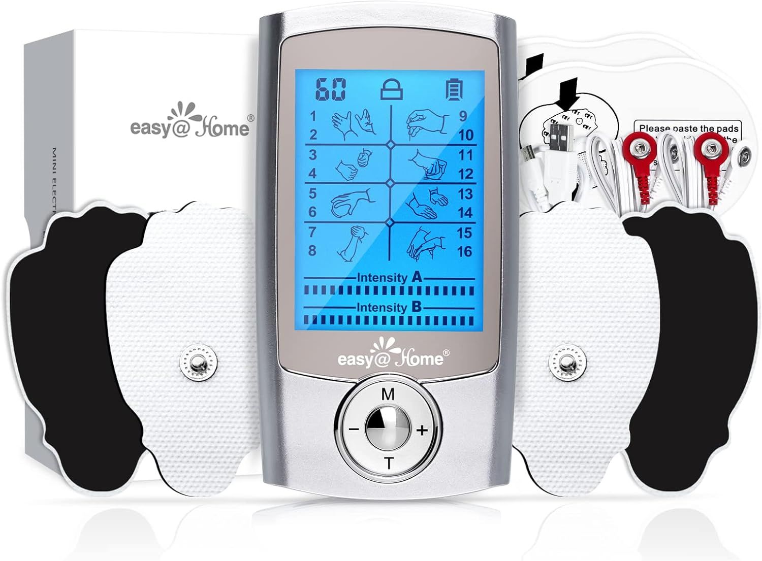 TENS-Gerät mit Display, Elektrodenpads und Zubehör. Das Gerät zeigt Modi und Intensität an. Verpackung im Hintergrund.