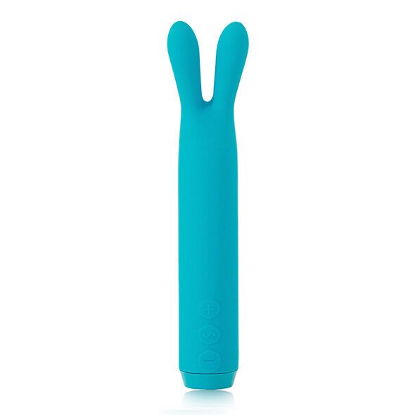Blauer Vibrator mit Hasenohren. Drei Knöpfe. Abgerundete Spitze.