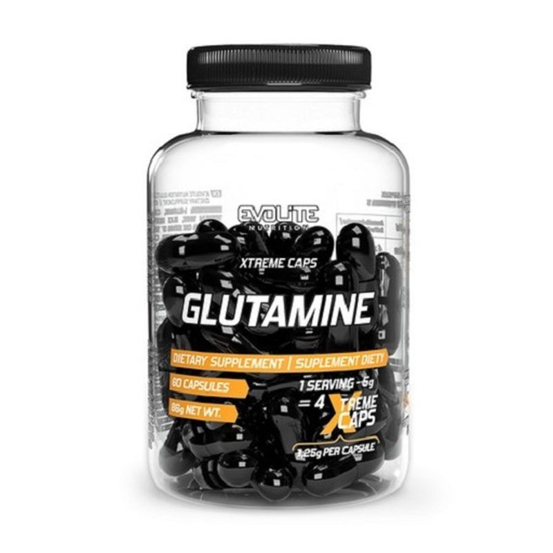 Klare Flasche mit schwarzen Kapseln. Aufschrift GLUTAMINE und EVOLITE. Schwarzer Deckel. Etikett mit Produktinformationen.