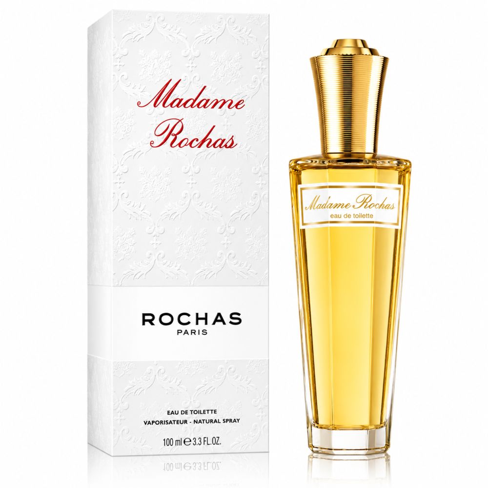 Rochas Madame Eau de Toilette 100ml Flakon und Verpackung. Goldener Verschluss, gelber Inhalt.