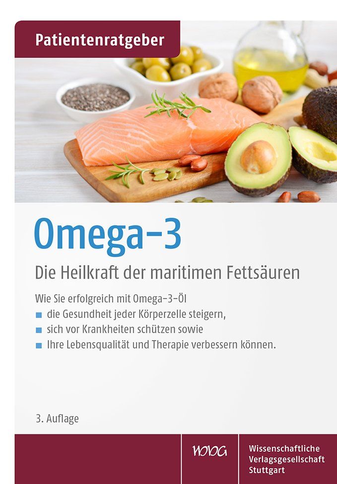 Buchcover mit dem Titel Omega-3. Es zeigt eine Lachsfilet, Avocado, Oliven und Nüsse. Der Titel ist in blauer Schrift geschrieben.