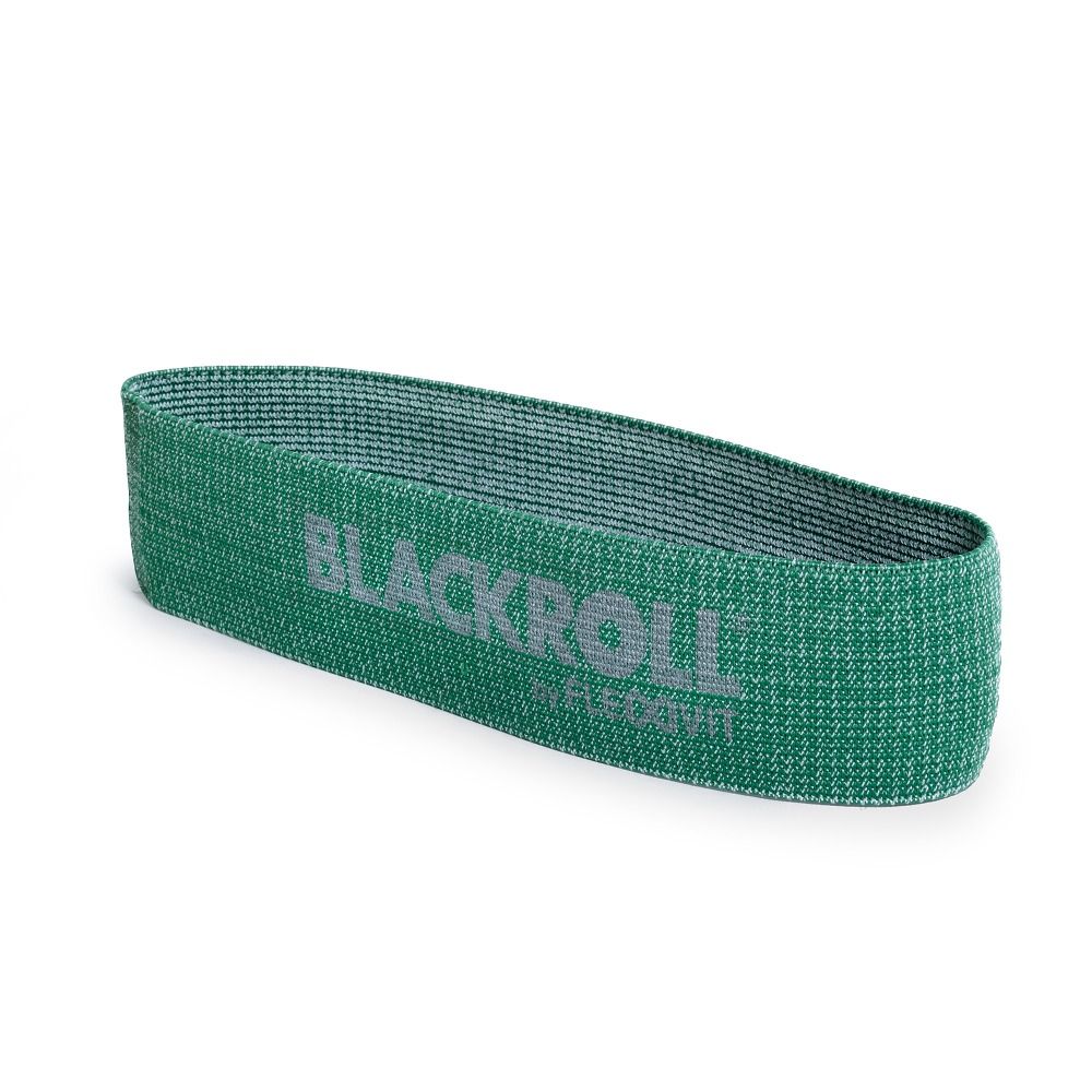 Grünes BLACKROLL Loop Band. Grauer Schriftzug BLACKROLL. Rechteckige Form. Gewebtes Material.