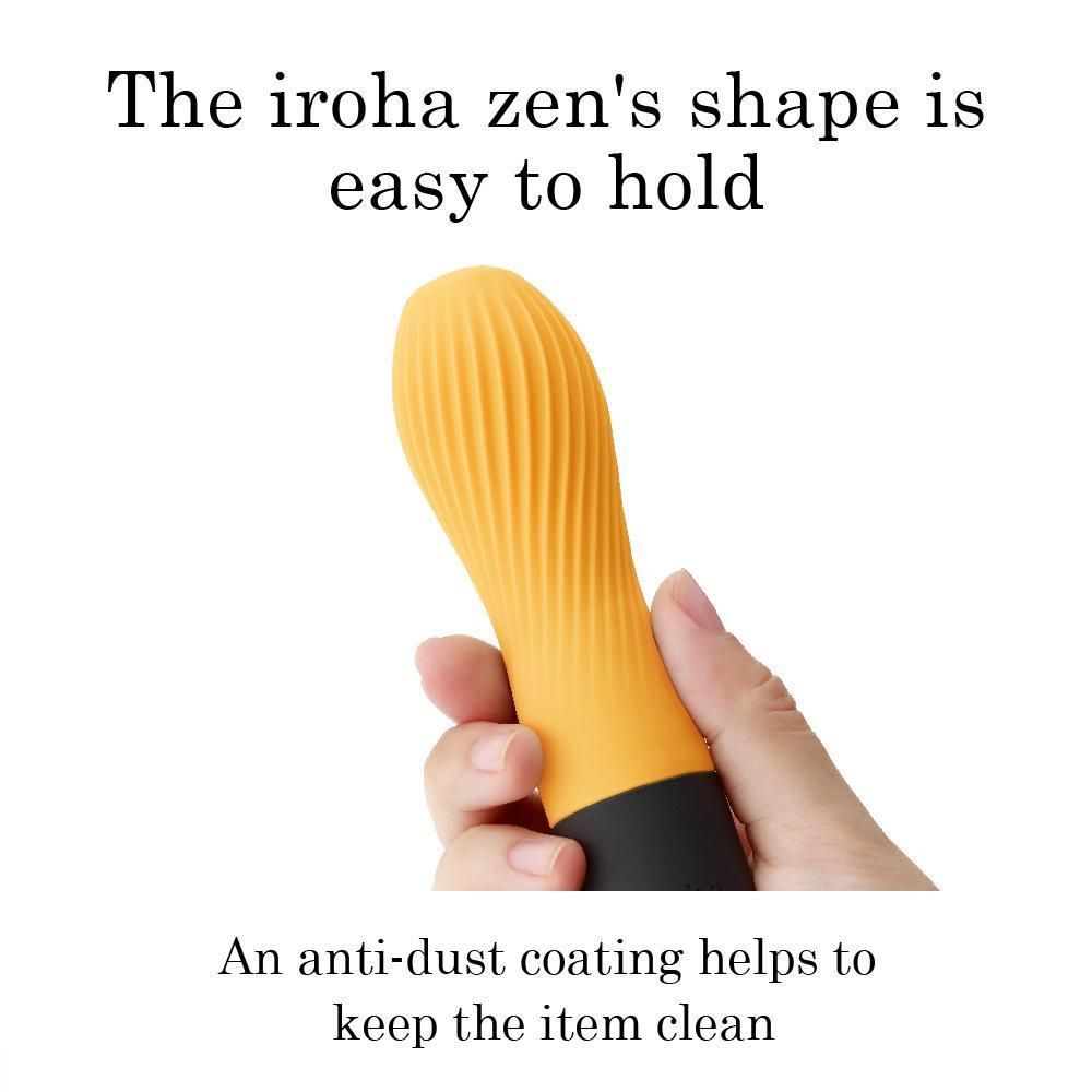 Gelber Vibrator in Hand gehalten. Schwarzer Sockel. Text: "The iroha zen's shape..."