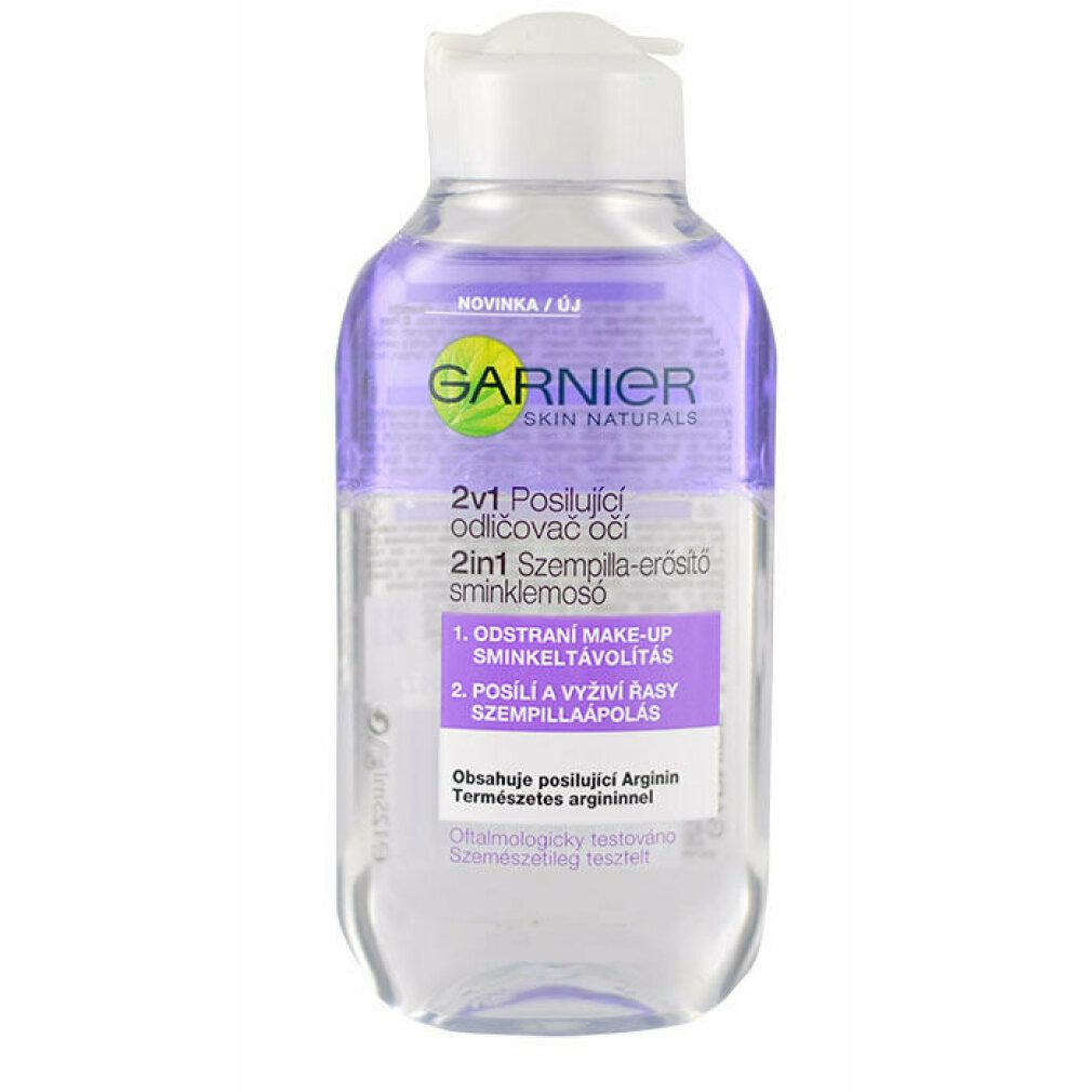 Garnier 2in1 Express Augen-Make-up Entferner Flasche. Violett-weiße Flüssigkeit, weißer Deckel. Text: Garnier, 2in1, Augen-Make-up Entferner.