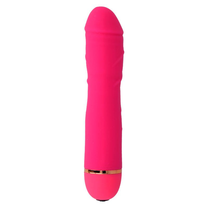 Pinkfarbener Vibrator mit abgerundeter Spitze und goldfarbenem Ring am unteren Ende. Glatte Oberfläche.