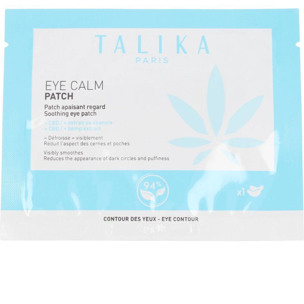Verpackung Talika Eye Calm Patch. Weiß-blaue Verpackung mit Produktnamen und Hanfblatt-Logo. Enthält 1 Patch.