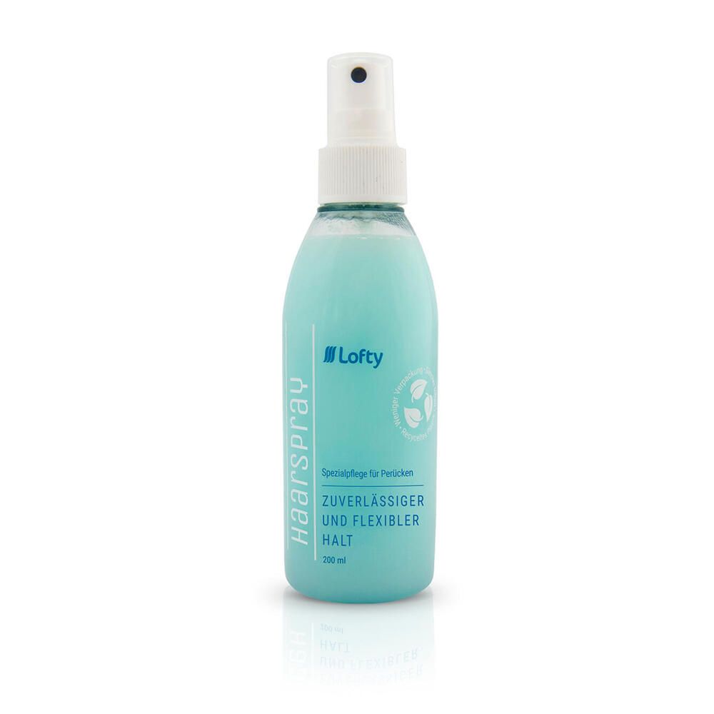 Türkis Haarspray-Flasche mit weißem Sprühkopf. Aufschrift: Lofty, Haarspray, zuverlässiger und flexibler Halt. 200 ml.