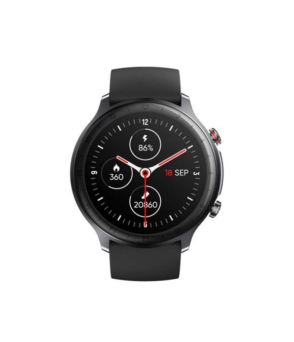Schwarze Smartwatch mit rundem Zifferblatt. Roter Sekundenzeiger, Datumsanzeige. Zwei Knöpfe an der Seite.