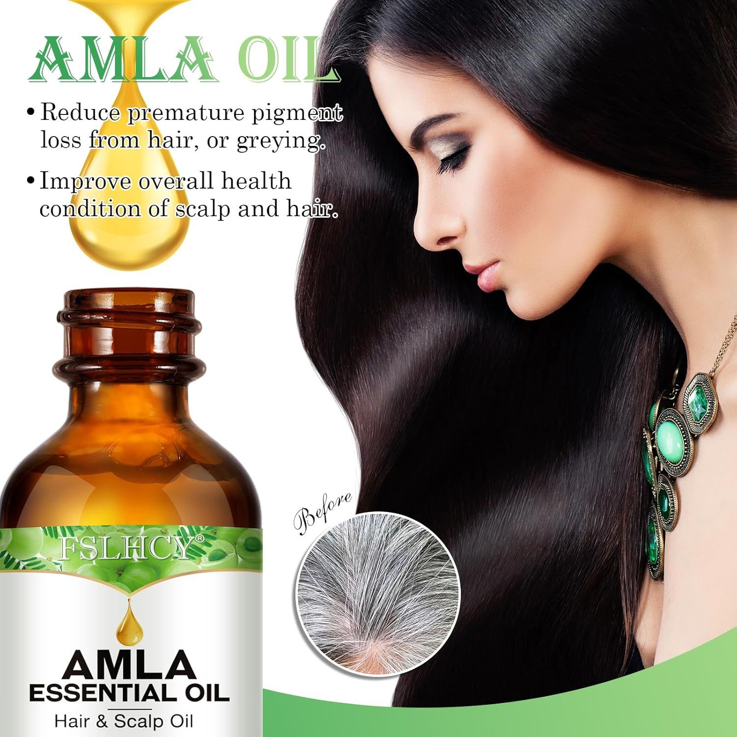 Braune Flasche mit Tropfer. Aufschrift: Amla Essential Oil, Hair & Scalp Oil. Kleines Bild: graue Haare. Text: Reduziert vorzeitigen Pigmentverlust.