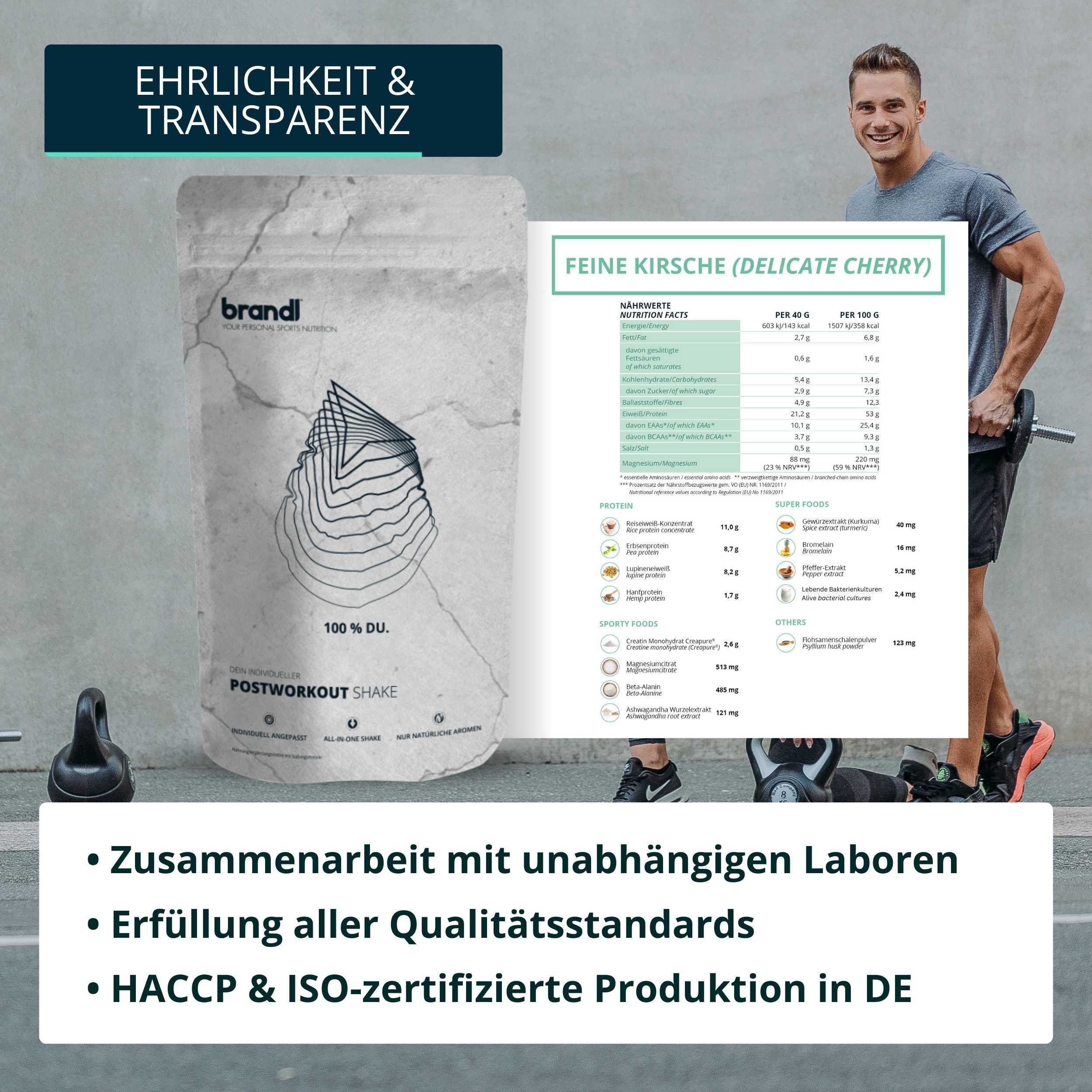Mann mit Produkt. Text: Ehrlichkeit & Transparenz. Nährwerttabelle. Marke brandl. Text: Zusammenarbeit mit Laboren.