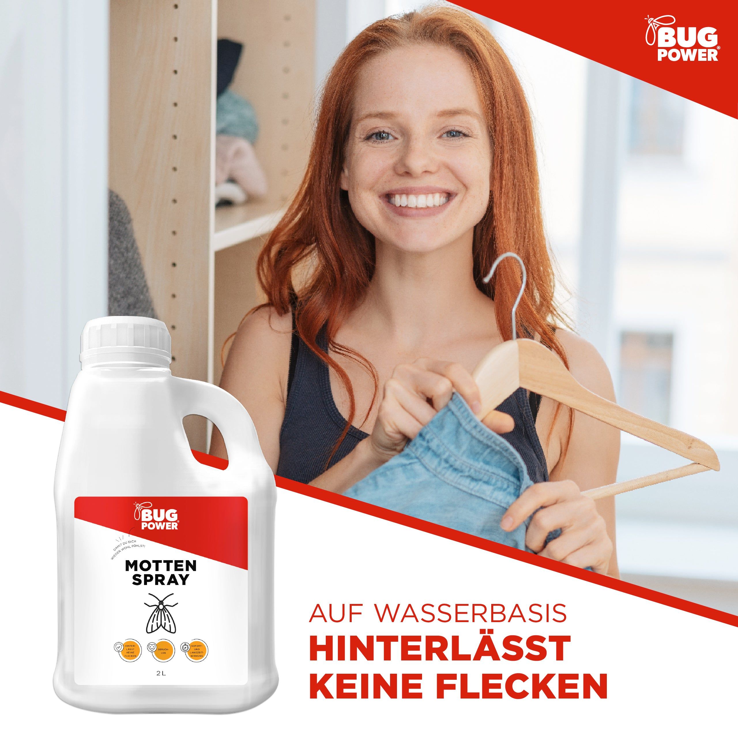 Frau mit Kleidung und Kleiderschrank. Weiße Flasche. Aufschrift: MOTTTEN SPRAY. Logo: BUG POWER. Text: Auf Wasserbasis, hinterlässt keine Flecken.