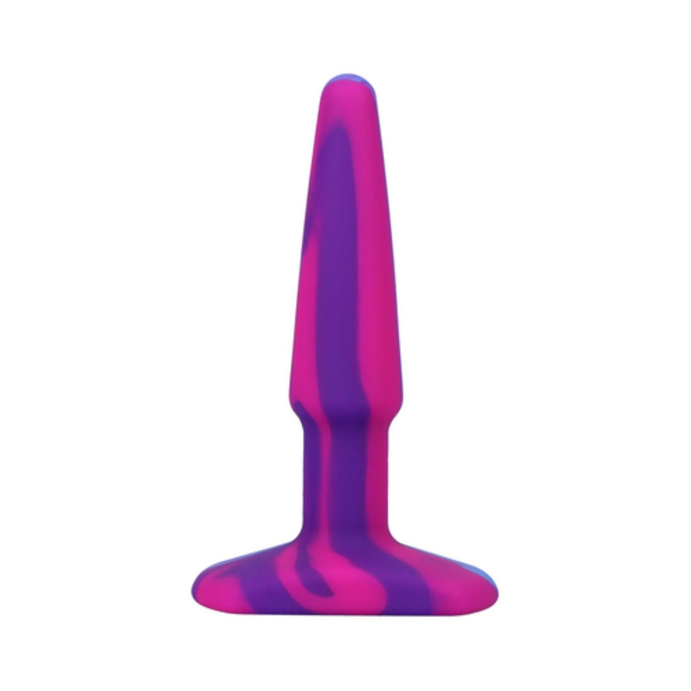 Analplug aus Silikon. Pink und violett. Konische Form mit breiter Basis.