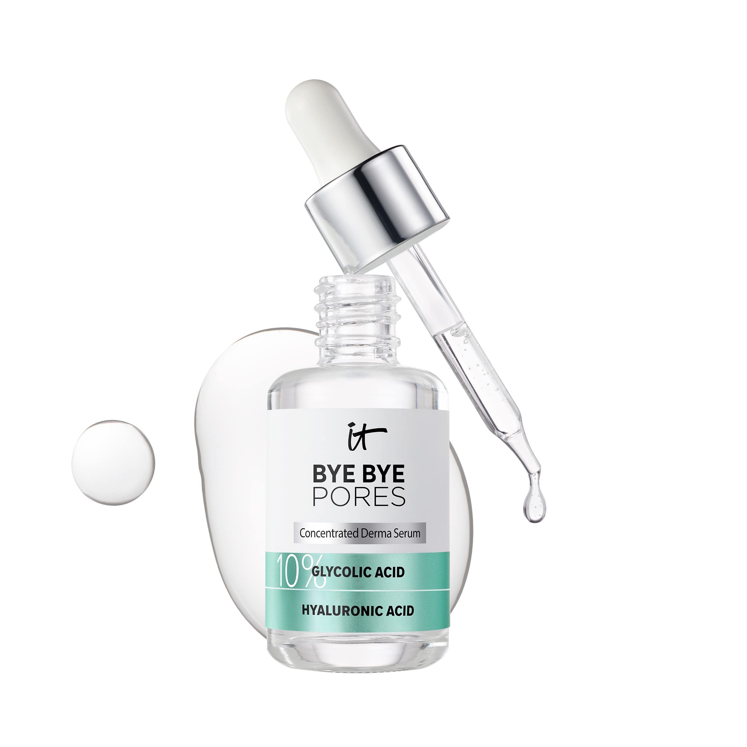 Eine Flasche Serum mit Pipette. Text: Bye Bye Pores, 10% Glykolsäure, Hyaluronsäure. Eine Serum-Tröpfchen.