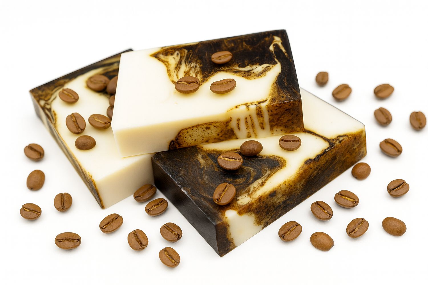 Drei Seifenstücke mit Kaffeebohnen. Die Seifen haben eine zweifarbige, marmorierte Optik. Kaffeebohnen sind verstreut.