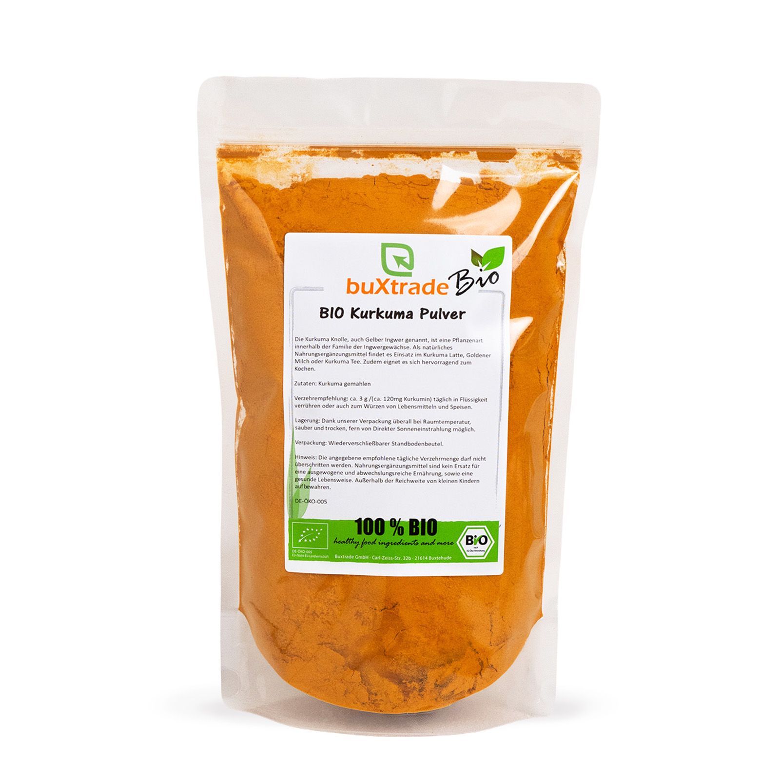 Verpackung von buXtrade Bio Kurkuma Pulver. Transparente Tüte mit Etikett. 100% BIO-Siegel.
