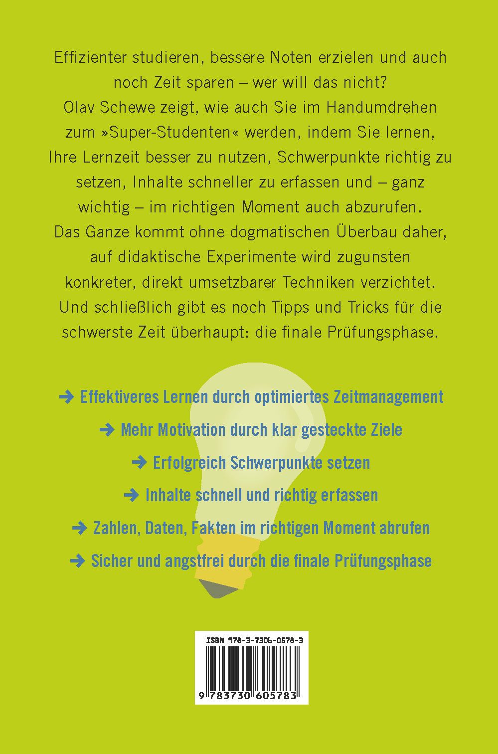 Rückseite des Buches "Der Super Student". Text in deutscher Sprache, ISBN-Code, weißer Hintergrund, gelbe Glühbirne.