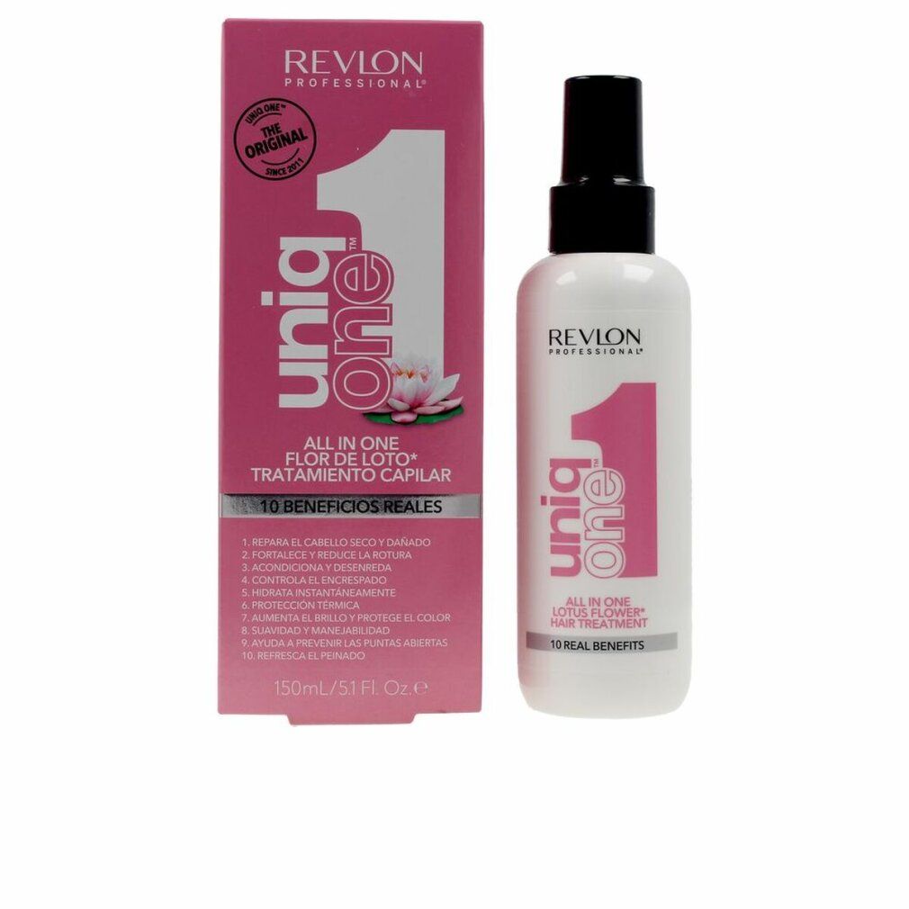 Haar-Treatment und Verpackung. Weißes Treatment, rosa Verpackung. Text: Uniq One, Lotus Flower, 10 Benefits.