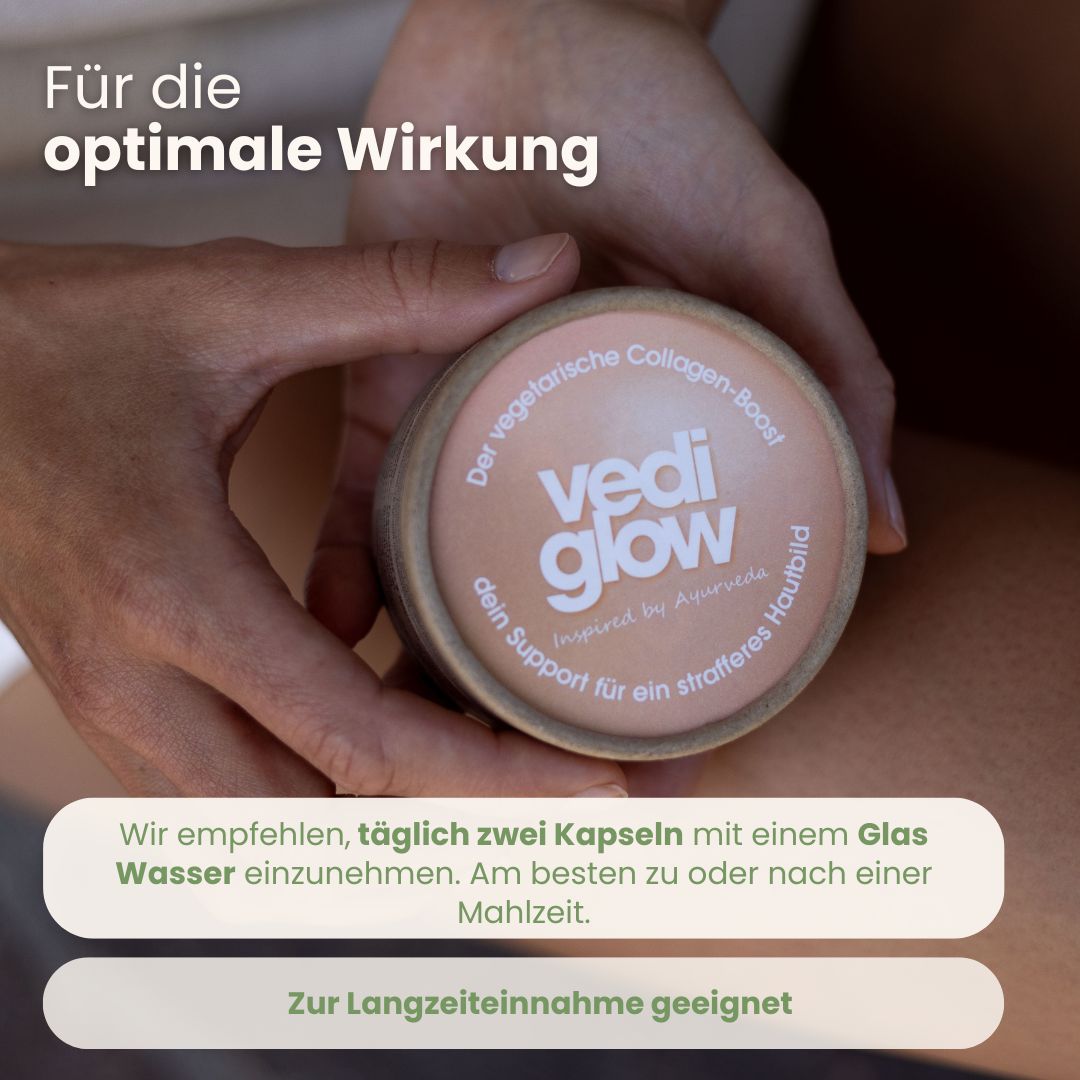 Hände halten Dose. Text: Wir empfehlen, täglich zwei Kapseln mit einem Glas Wasser einzunehmen. Zur Langzeiteinnahme geeignet.