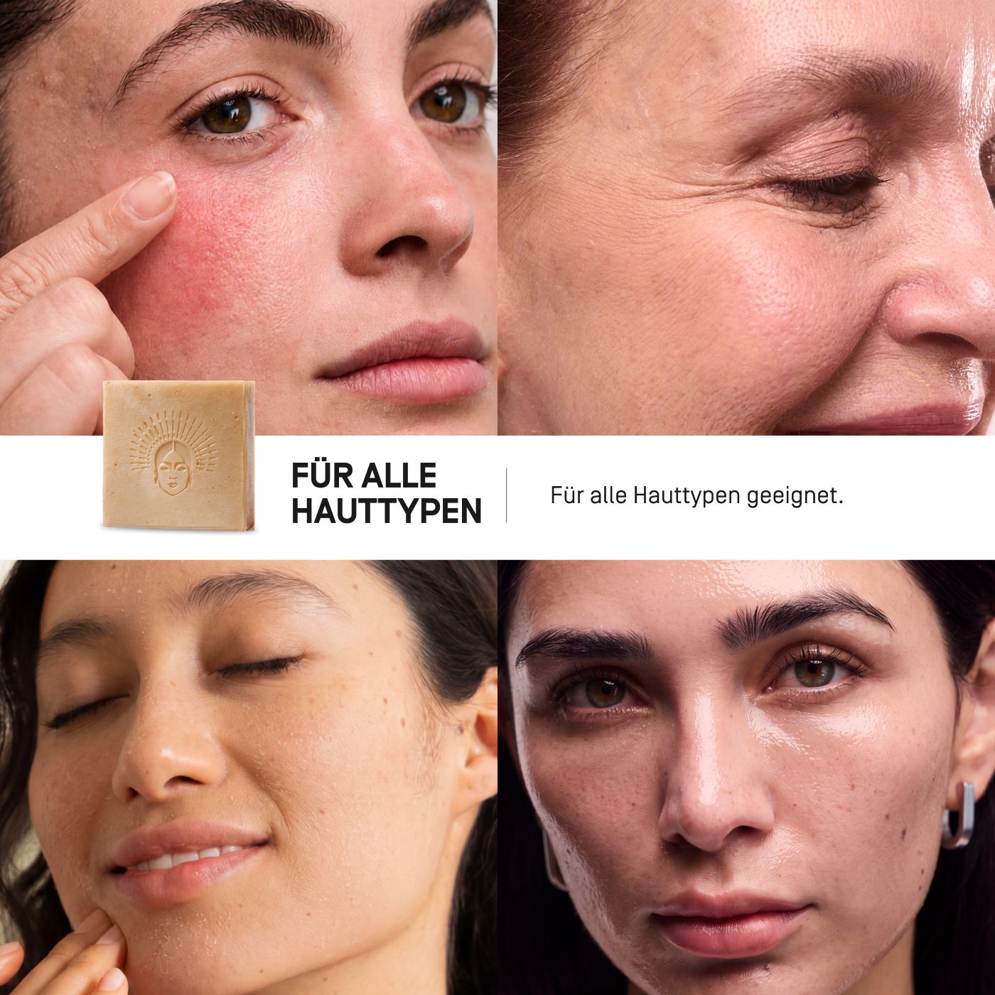 Viva Maia Nourishing Bar: Für alle Hauttypen geeignet. Collage zeigt verschiedene Hauttypen.
