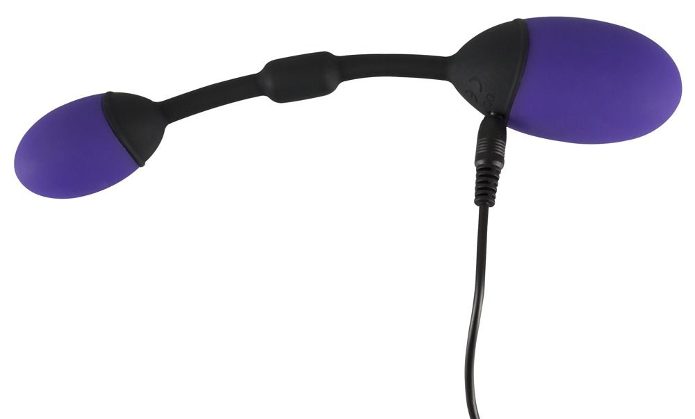 Produkt mit zwei lila Eiern, schwarzem Stiel und Kabelanschluss.