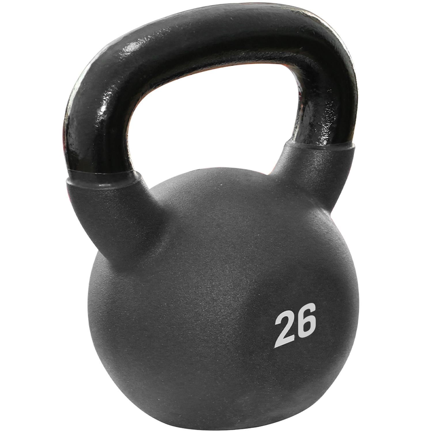 Schwarze Kettlebell mit schwarzem Griff. Auf der Kugel steht die Zahl 26 in Weiß.