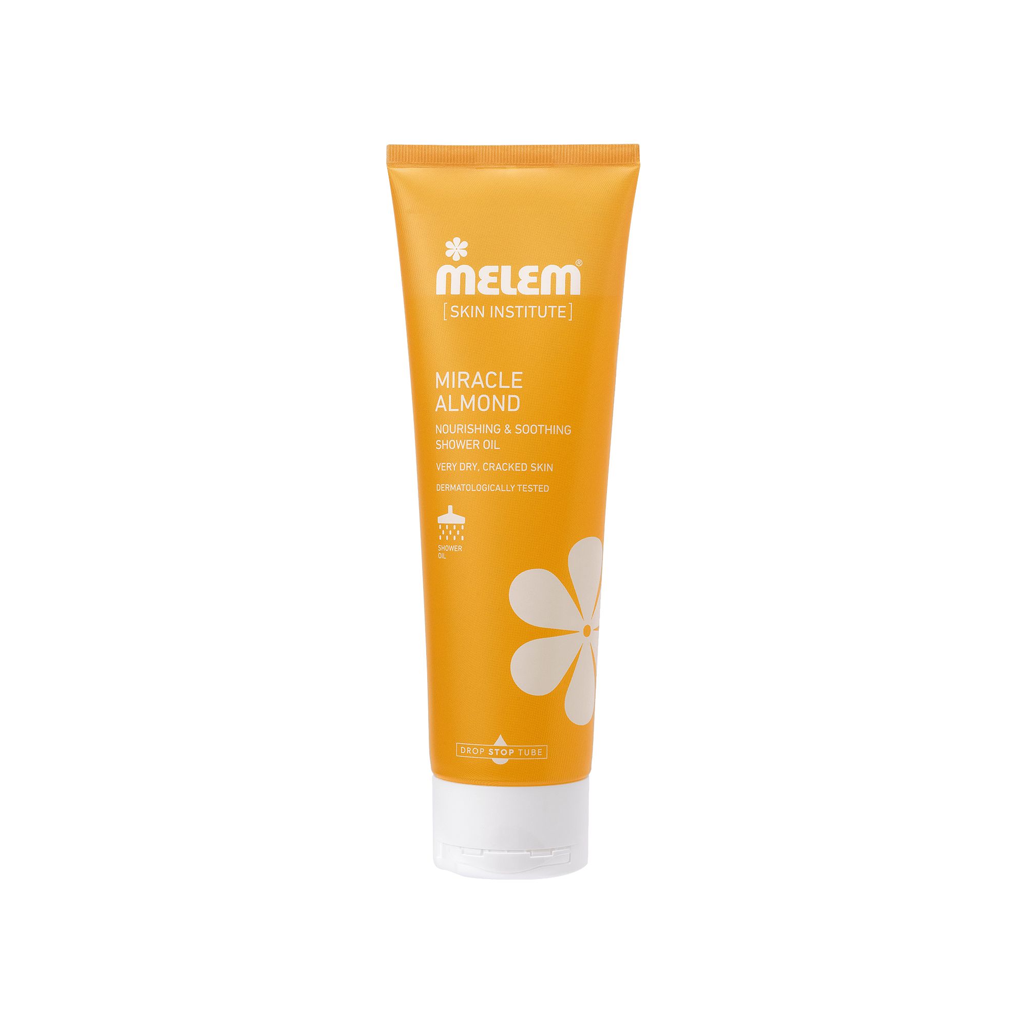 Gelbe Tube mit weißem Verschluss. Aufschrift: Melem Skin Institute, Miracle Almond, Duschöl. Weiße Blume.
