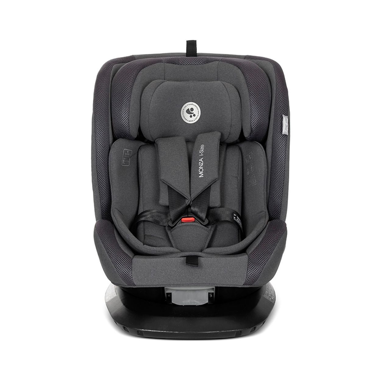 Seitenansicht eines grauen Kindersitzes mit Isofix-Befestigung und verstellbarer Kopfstütze.