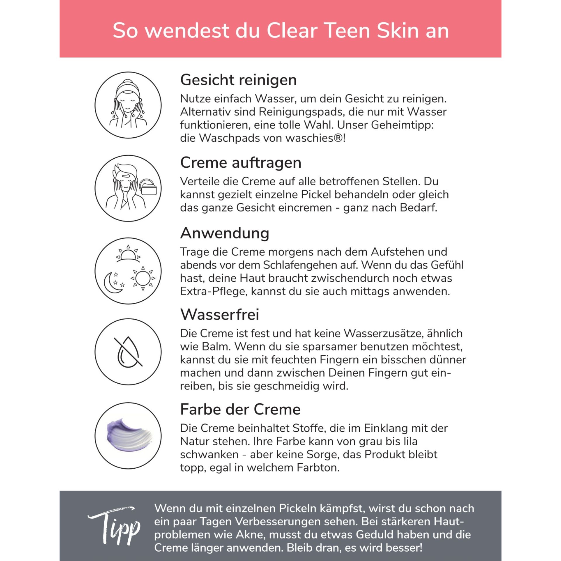 Anleitung zur Anwendung von Clear Teen Skin. Illustrationen zeigen Schritte: Reinigen, Auftragen, Anwendung, Wasserfrei, Farbe.