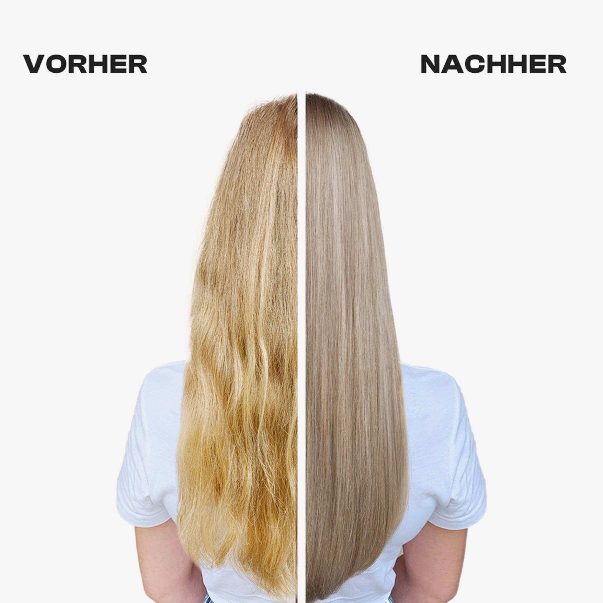 Vorher-Nachher-Vergleich. Blondes Haar, links ungepflegt, rechts glatt und gepflegt. Text: VORHER/NACHHER.