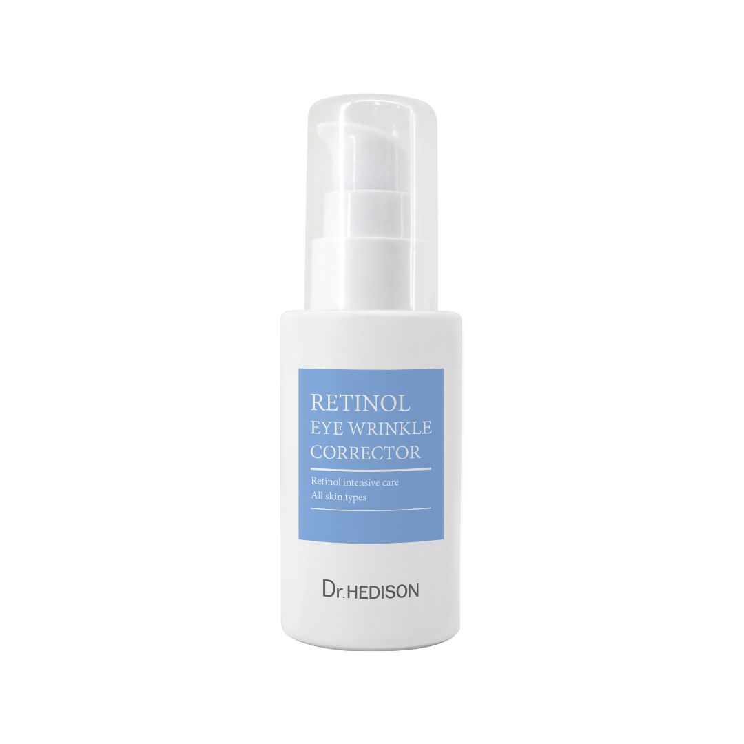 Weiße Flasche mit Pumpe. Aufkleber mit Text: Retinol Eye Wrinkle Corrector. Marke: Dr. HEDISON.