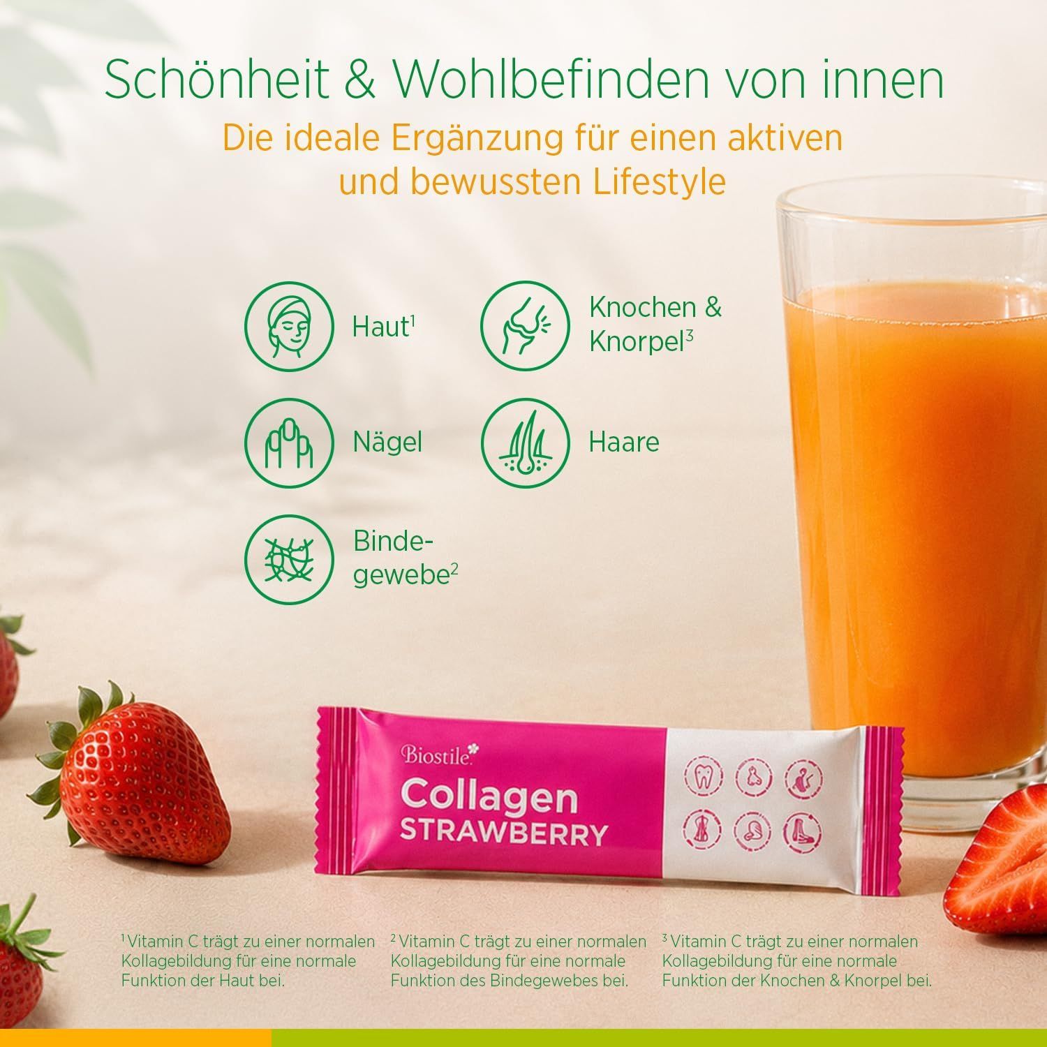Biostile Collagen Strawberry Karton, Beutel und Anwendungshinweise.