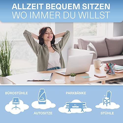 Frau am Schreibtisch mit Laptop. Text: "Allzeit bequem sitzen wo immer du willst". Illustrationen von Bürostühlen, Autositzen, Parkbänken und Stühlen.