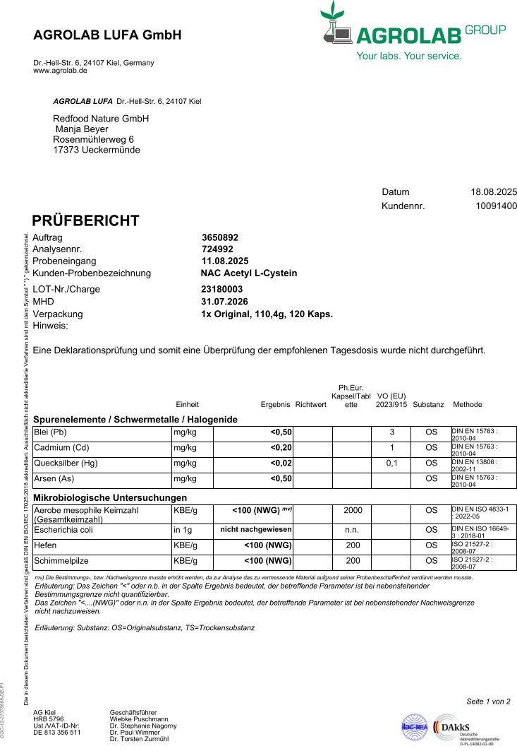 Prüfbericht von AGROLAB LUFA GmbH. Enthält Informationen zu Analyse, Probenbezeichnung, MHD und Ergebnisse von Untersuchungen.