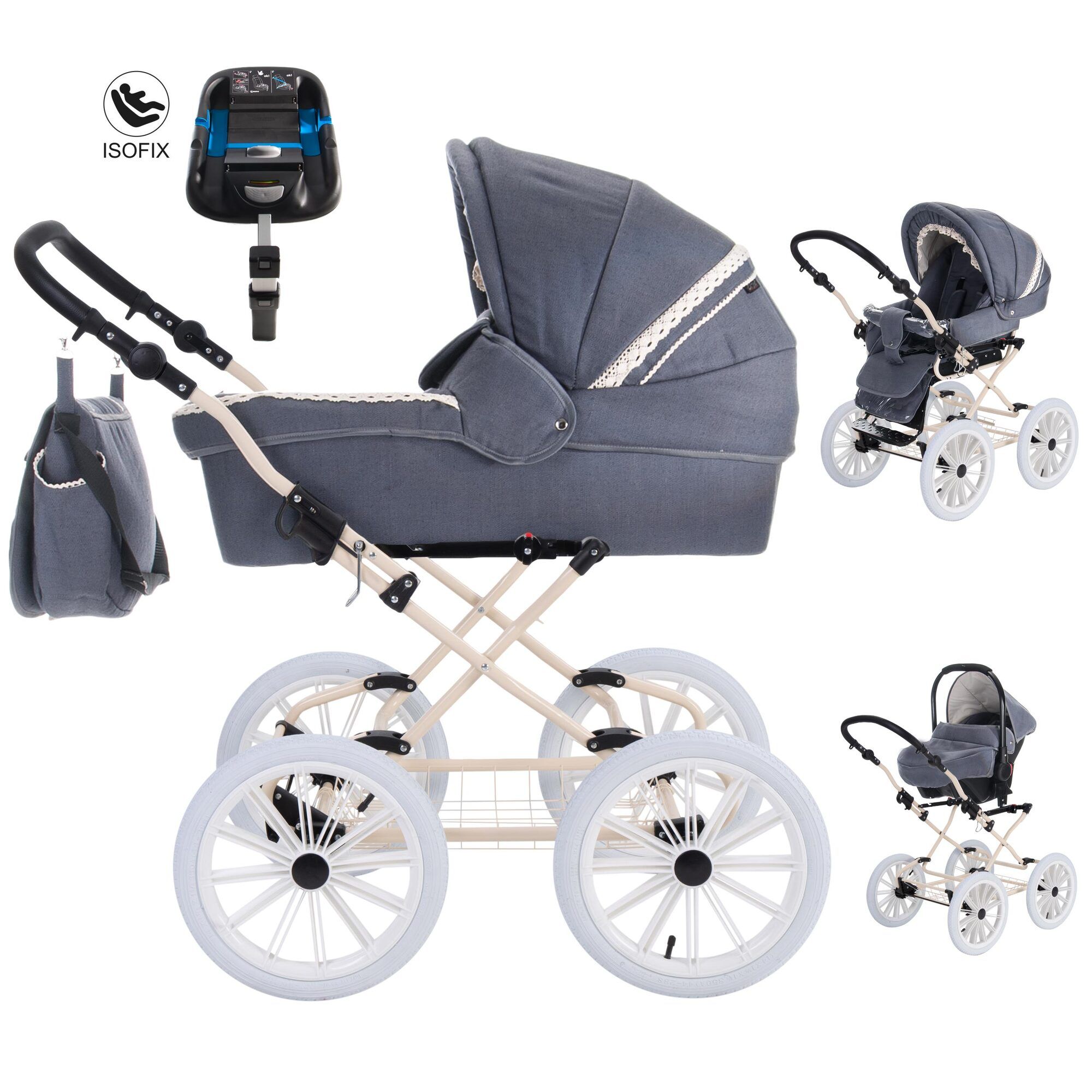 Kinderwagen mit ISOFIX-Set, blauem Stoff, cremefarbenem Gestell und weißen Rädern. Inklusive Tragetasche und Babyschale.